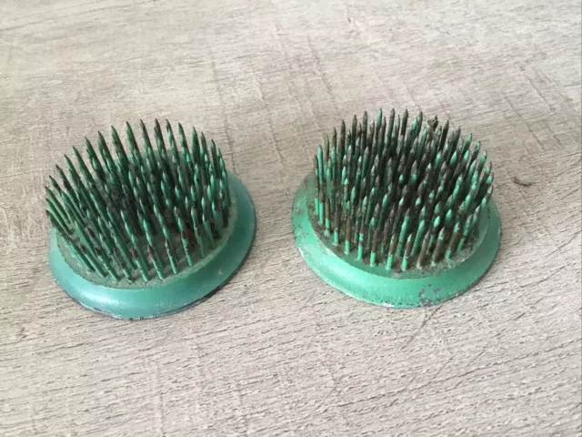 Vintage Small Round Green Metal Flower Frog Lot Of 2