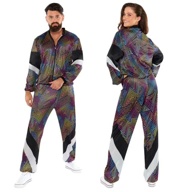 Adult Mens Cool Retro Patterned Rainbow Shell Suit Fancy Dress Costume Outfit