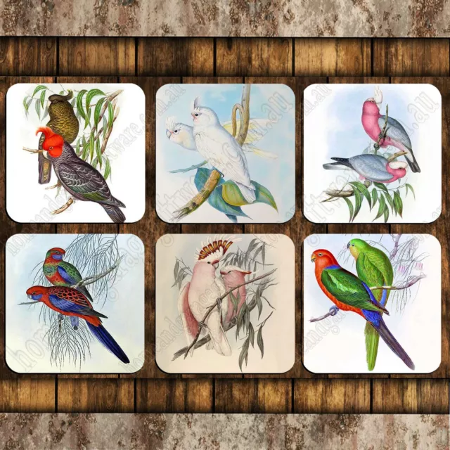 Set Of 6 Coasters, John Gould, Parakeets, Parrots, Galah, Cockatoo, Corella