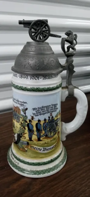 Vintage German Regimental Beer Stein With Lithograph Bottom Cannon & Lion Top