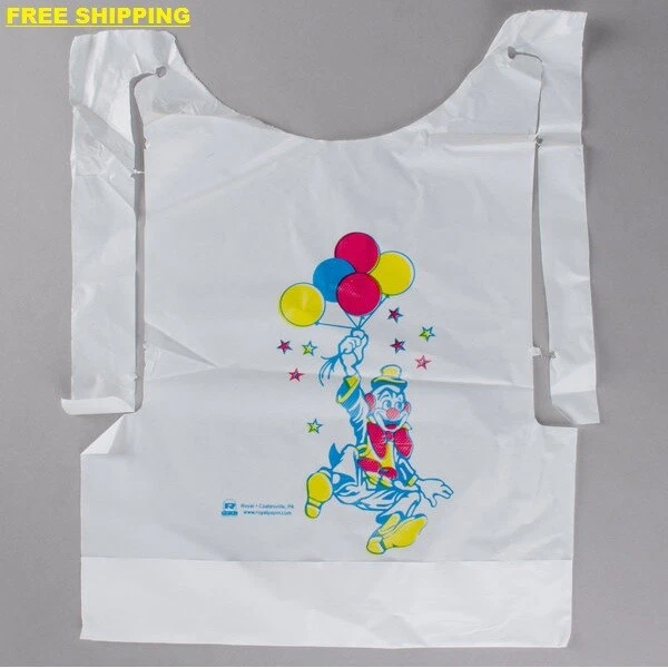 (500/Box) Restaurant Disposable White Child's Poly Bib w/ Colorful Clown Design