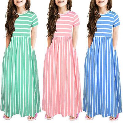Toddler Baby Girls Short Sleeve Striped Print Dress Kids Long Dresses Clothes