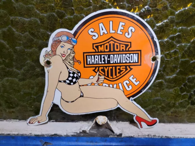 Harley Davidson Vintage Porcelain Sign Gas Motorcycle Dealer Sales Service Girl