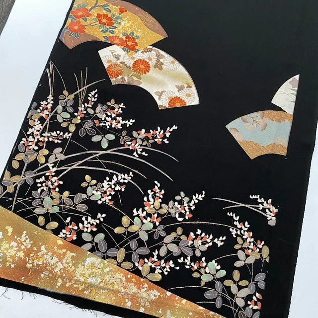 Wabisabi #B 14x64 LONG Hand Painted Vintage Tomesode Black Kimono Silk ToD97