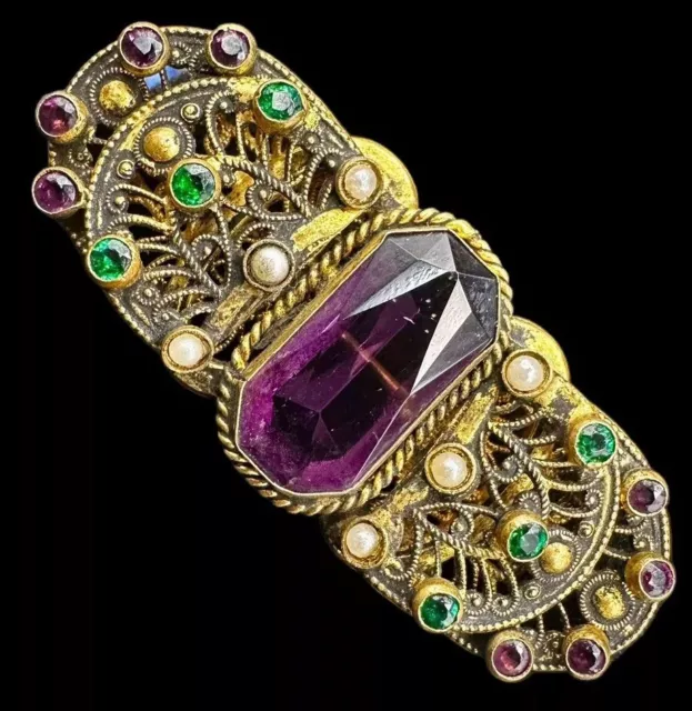 Art Deco Nouveau Brass Filigree Amethyst Emerald Green Glass & Faux Pearl Brooch