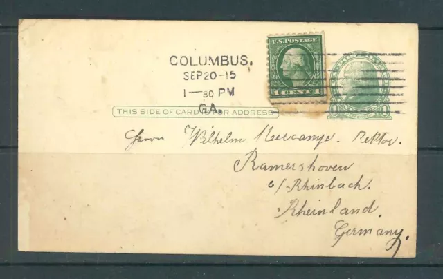 USA - Ganzsache mit Zusatzfrankatur aus 1915 nach Deutschland Stempel Columbus