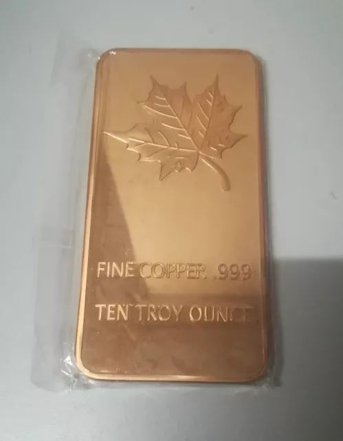10 oz Ten Troy Ounce Maple Leaf .999 Pure Copper Bullion Bar Cu Element