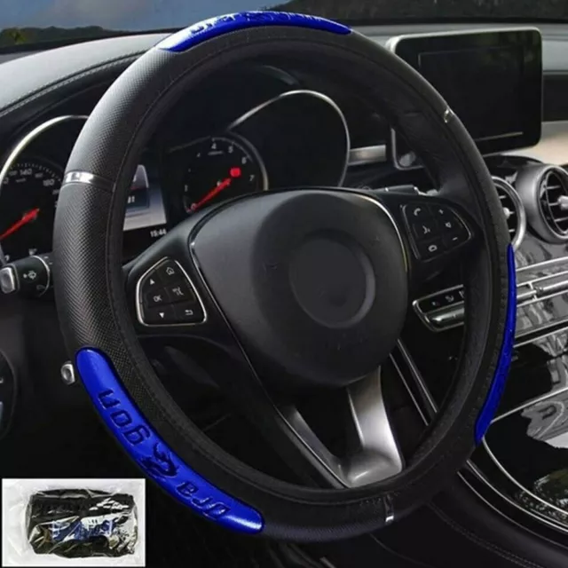 15'' Blue Black Leather Car Steering Wheel Cover Anti Slip Protector Accessories