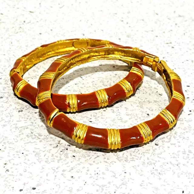 2 Kenneth Lane Signed Goldtone Burnt Orange Ribbed Bracelets Hinged Slim Bangles