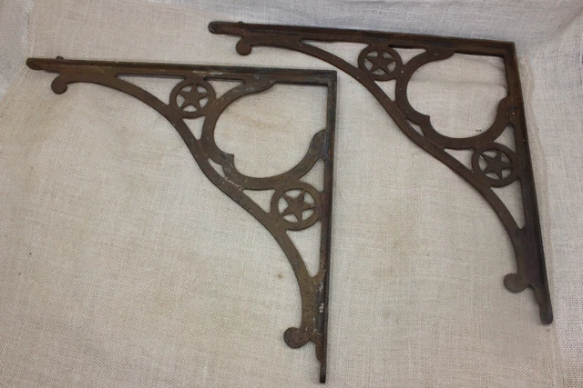 2 Old Shelf Countertop Supports Mantel Brackets 15 X 17” Vintage Iron Texas Star
