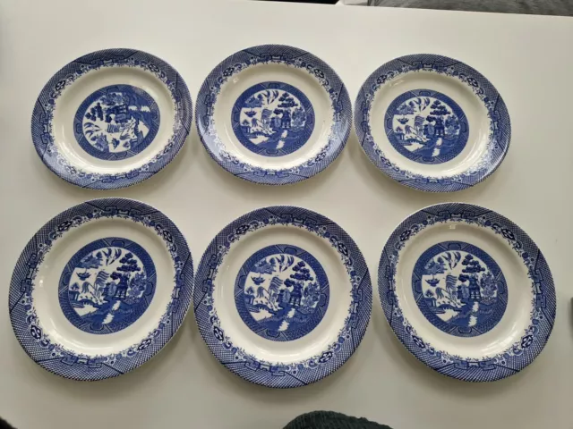 6 X Vintage Barratts Of Staffordshire Willow Pattern Dinner Plates 25cm Blue