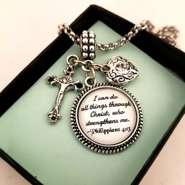 Philippians 4: 13 Catholic Christian Faith Cross Bible Charm Bracelet Necklace