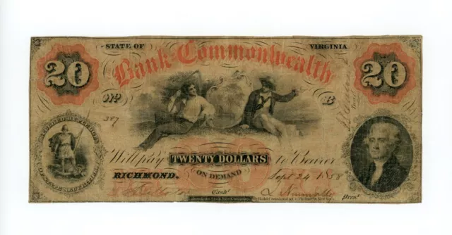 1858 $20 The Bank of the Commonwealth - Richmond, VIRGINIA Note