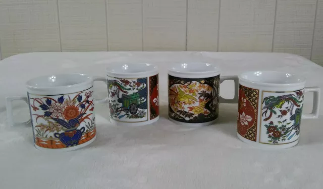 Vintage Made in Japan Porcelain Mug Cup Set of 4 Gold Square Handle Asian Floral