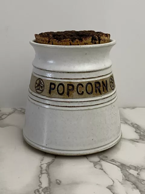 Stelzer Studio Art Pottery Word Jar Popcorn Container With Cork White & Brown
