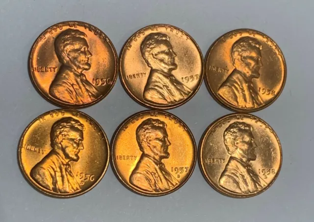 1956-1958 P & D - Lincoln Wheat Cents Penny - Gem Red Uncirculated Lot of 6
