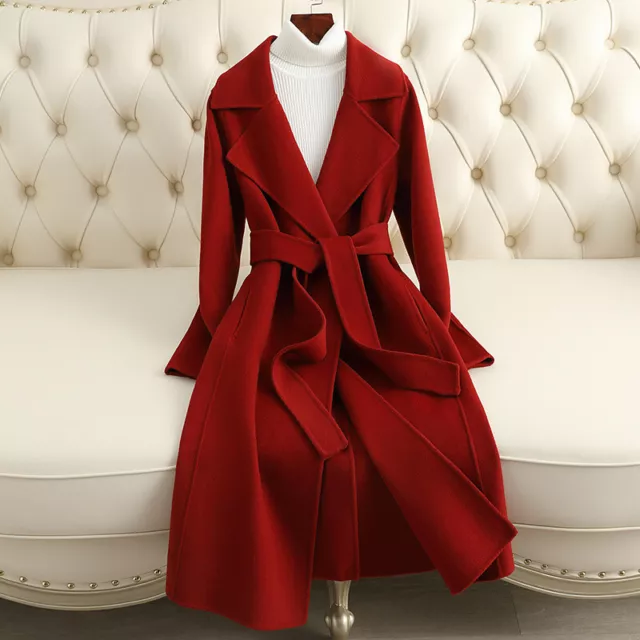 Women Winter Wool Coats Belt Lapel Cashmere Outerwear Jackets Long Trench Coats