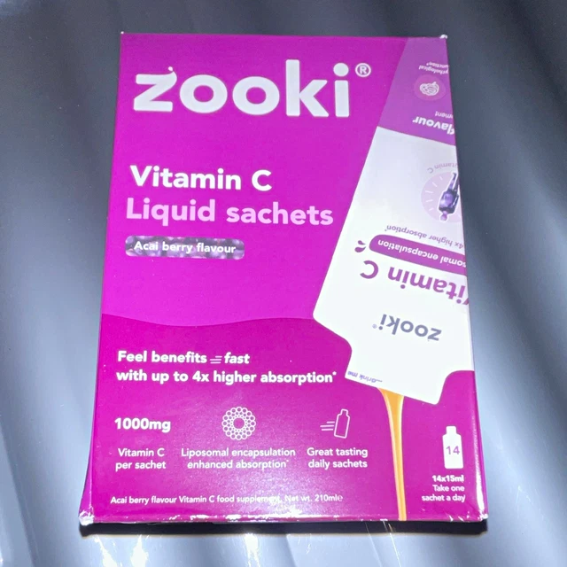 ZOOKI VITAMIN C Liquid Sachets Acai Berry 1000mg Vegan 14 x 15ml (210ml ...
