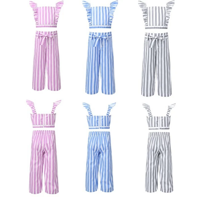 Girls Kids Stylish Outfits Summer Striped Tops Zipper Pants Belt Set Casual Suit