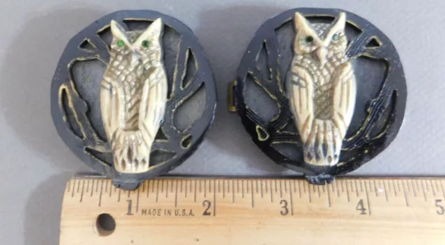 Art Deco ANTIQUE BAKELITE CELLULOID OWL BUCKLE SET RHINESTONE EYES RARE