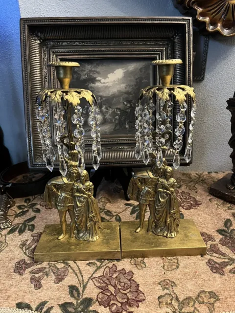 Antique Girandole Candelabra Candle Holders Figural Crystal & Brass Century