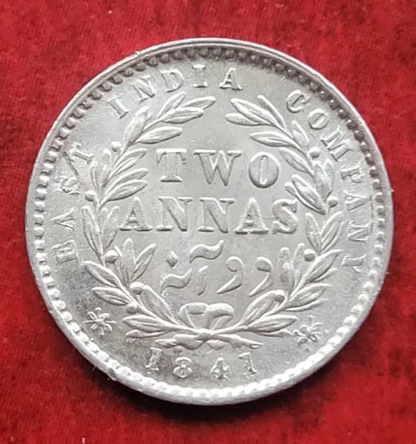 India Silver  2 Anna's Coin East India Company 1841 9 Berries Victoria