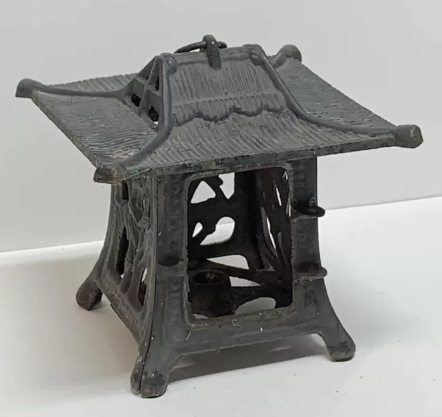 Vintage Cast Iron Japanese Hanging Pagoda Garden Lantern Candle Holder 10" READ