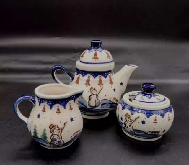 Boleslawiec Polish Pottery Single Serve Teapot Creamer and Sugar Bowl Snowman