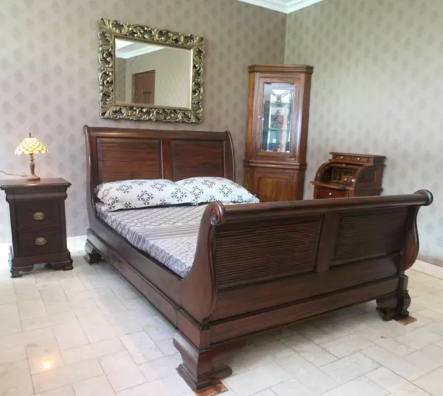 Solid Mahogany Wood Queen Size Highfoot Sleigh Bed Antique Reproduction Style