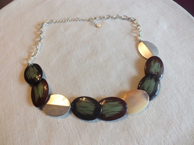 Beautiful Necklace Silver Tone Matte Finish Brown Sage Beige Beads Signed "N"
