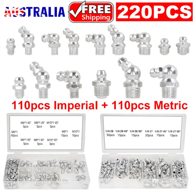 220Pcs Hydraulic Grease Nipple Metric Imperial Lubricant Fitting Assortment Kit