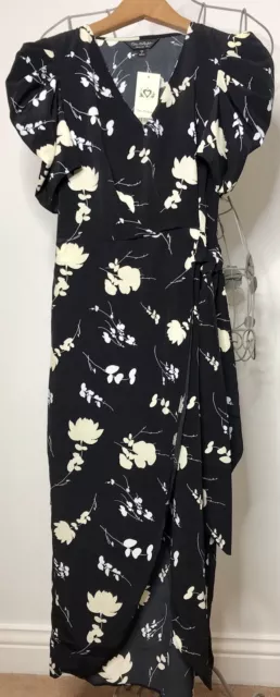 Miss Selfridge Ladies Midi Dress, Size 8, Black Floral, Wrap Skirt, Rrp £39, New