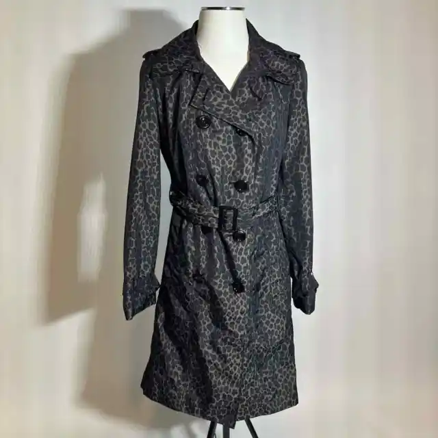 Calvin Klein Gray Leopard Print Rain Coat Trench Coat Jacket Womens Size Small S