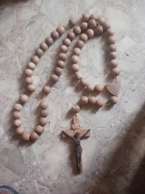 ** Vintage Large Bead Olive Wood  Catholic Wall Rosary Very Nice 50+ In Long !**