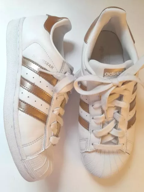 ADIDAS 'Superstar' Sz 6 White Leather Lace-up Sneakers Shoes Metallic Gold Logo