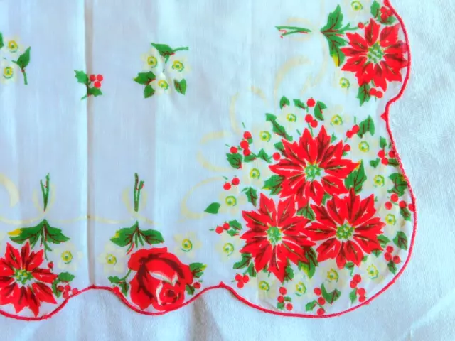 Vintage Christmas Handkerchief/Hanky White with Poinsettias 2