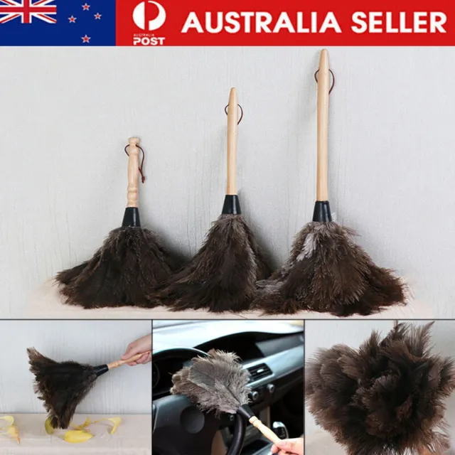 1X Anti-Static Ostrich Feather Duster Soft Brush Cleaning Tool Wooden Handle AU