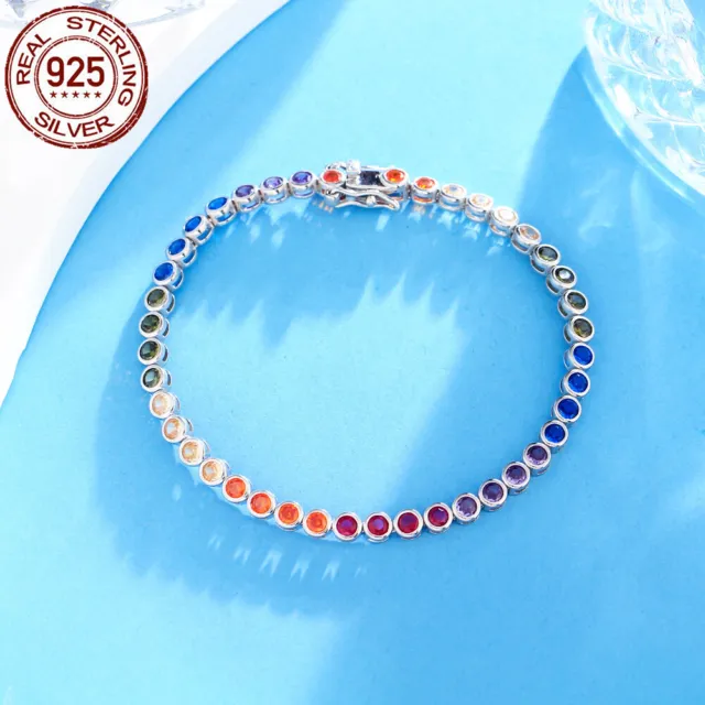 7inch Multicolor CZ Bezel Setting Tennis Bracelet Sterling Silver 925 for Women