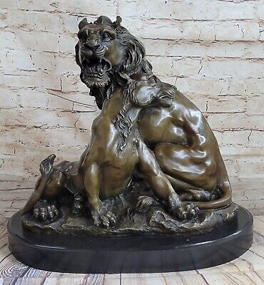 Signed Barye African Lion W/ Family Bronze Sculpture Art Deco Marble Figurine NR