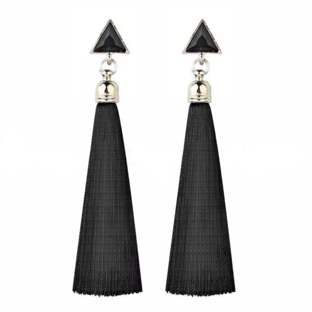 UK WomenLadies Fashion Rhinestone Sliver 9CM Long pair Tassel Dangle Fringe Drop