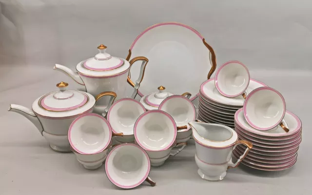8840136 Servicio de café/té Art deco Hutschenreuther alrededor de 1930 decoración a rayas rosa
