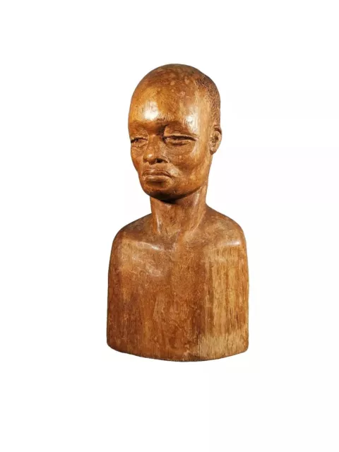 Vintage Folk Art Head Carved Oak Bust With Base