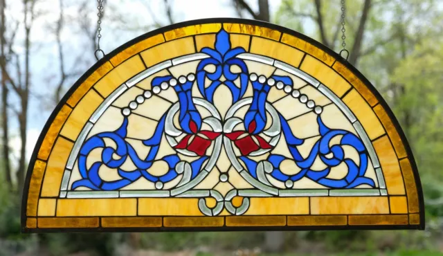34"L x 18.25"H Half Round Handcrafted stained glass window Glass panel