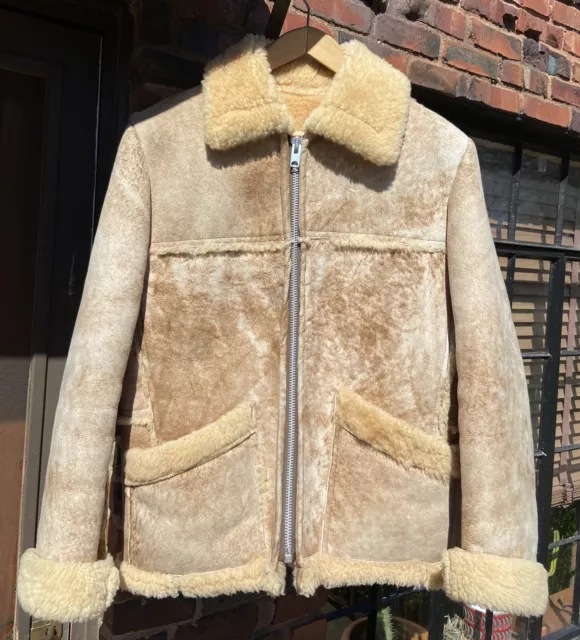 Vintage 1970s Schott Bros Shearling Sheepskin Heavy Coat Jacket Marked Size 42