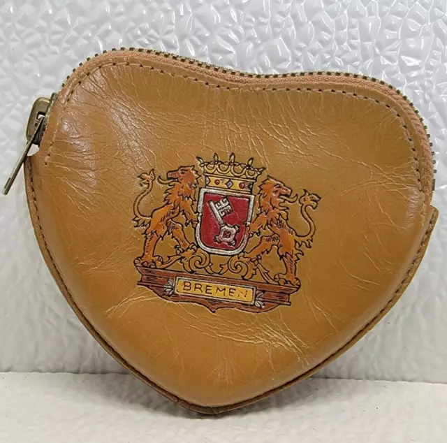 Vintage Rare Coin Purse Leather Bremen Heart Crest Zipper HTF