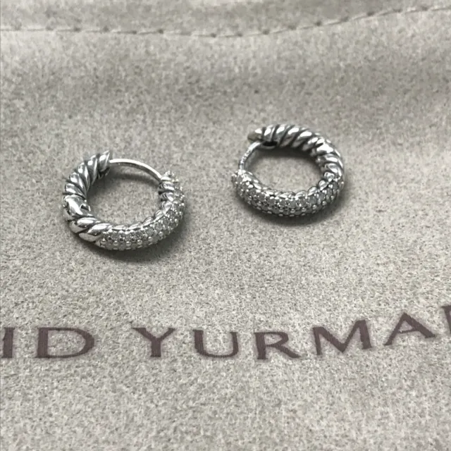David Yurman Sterling Silver 925 Ostera Petite Huggie Pave Diamond Hoop Earrings