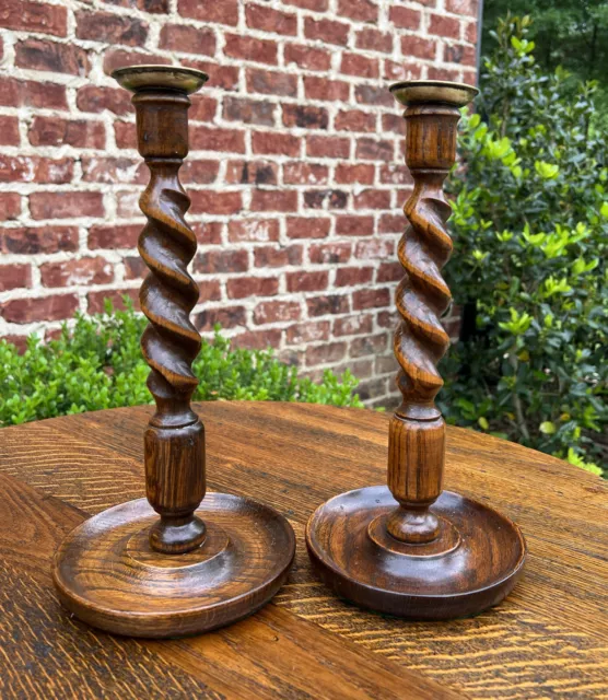 Antique English Barley Twist Candlesticks Candle Holders Oak PAIR 12.5" Tall