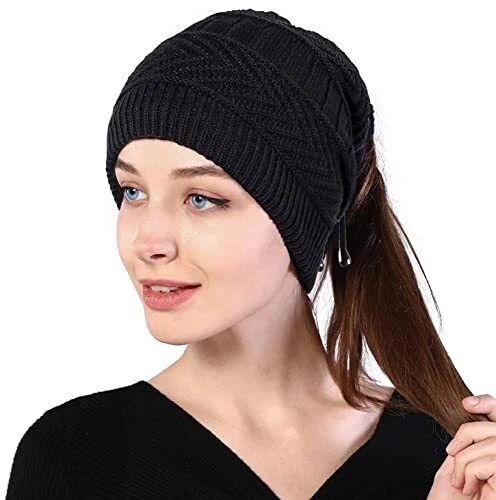 Gorro con cola de caballo para mujer Gorro de invierno de punto, negro