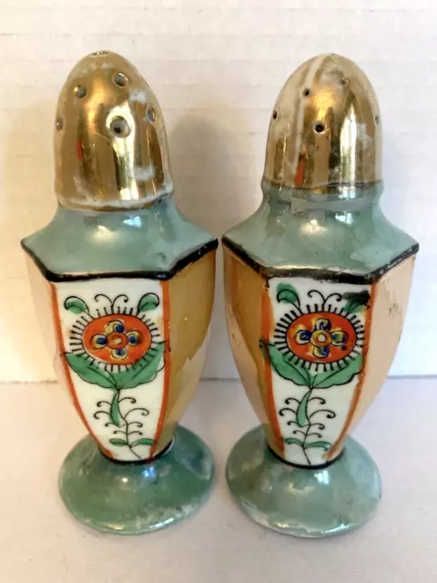 Vintage Art Deco Floral Apricot Lusterware Ceramic Salt & Pepper Shakers Japan