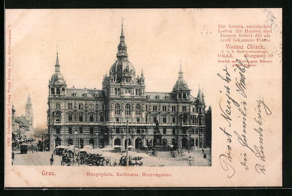 Graz, Hauptplatz, Rathaus, Herrengasse, Ansichtskarte 1899